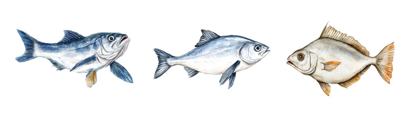 Watercolor set of sea and river fish png. Fish carcasses for cooking watercolor. Concept of seafood ocean and river fish. Vector illustration.