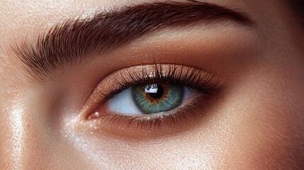Obraz premium Close-up of a Woman's Eye with Makeup, Green Iris, and Defined Eyebrow