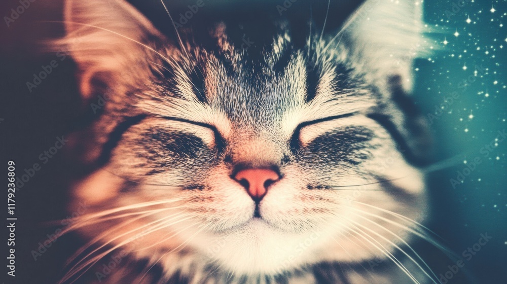Poster a colorful cosmic nebula forms a vibrant backdrop for an adorable cat, whose joyful expression radia