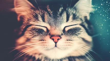 Fotobehang Dierenarts A colorful cosmic nebula forms a vibrant backdrop for an adorable cat, whose joyful expression radiates charm and warmth  © red_orange_stock