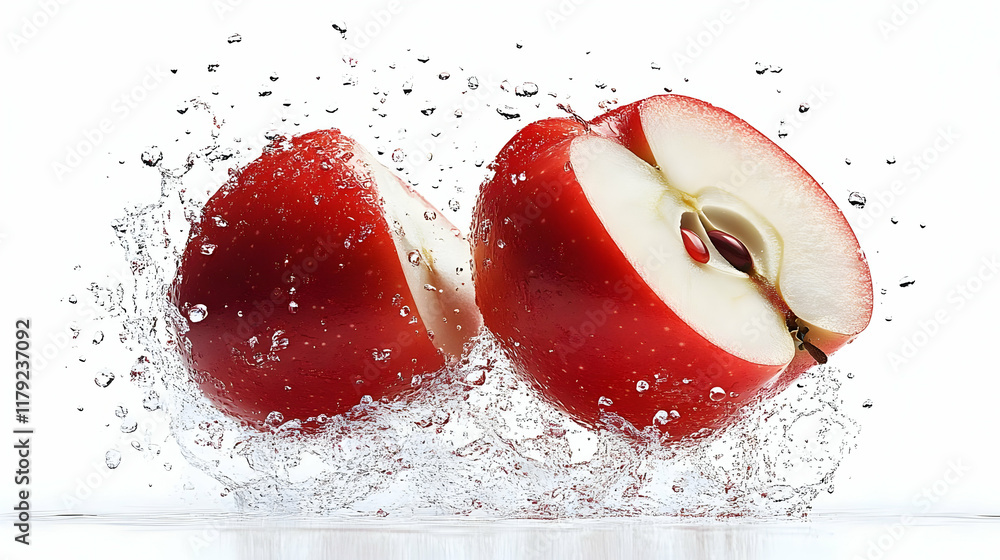 Poster two red apple halves splash into water with refreshing vigor on a white background