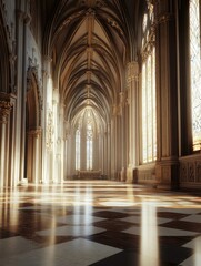 Obraz premium Intricate details of a cathedral's interior showcase towering arches and vibrant stained glass windows. The light streams in, casting a warm glow on the polished floor