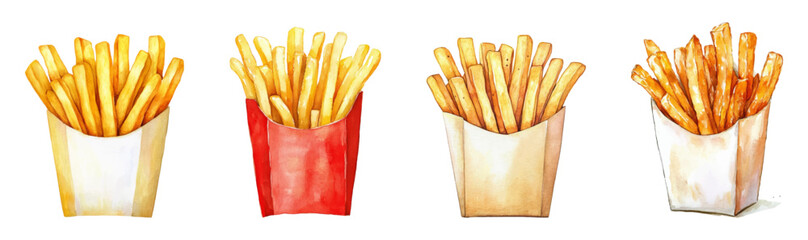 Watercolor set of vintage boxes with french fries. Retro french fries on transparent watercolor background. Vintage fast food illustration. Vector illustration.