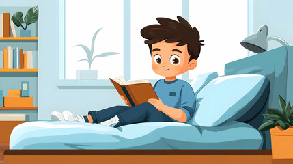 Young Boy Reading a Book Comfortably on his Bed in Bedroom