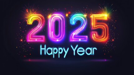 Glowing rainbow 2025 Happy Year text with fireworks.