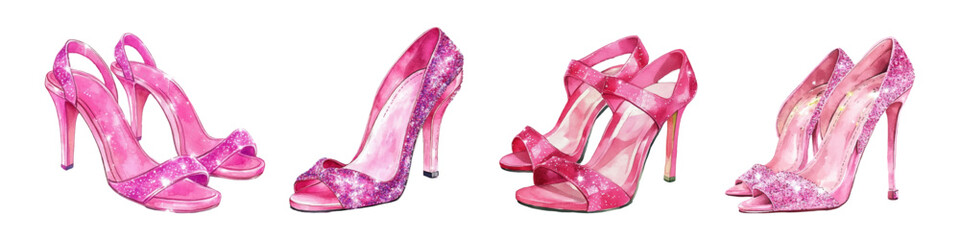 watercolor set of pink sandals png. Fashionable pink women's heels with rhinestones and sparkles watercolor. Concept of fashion, footwear design etc. Vector illustration.