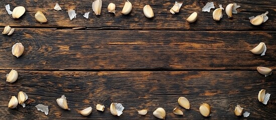 Rustic Wooden Background with Garlic Cloves Frame