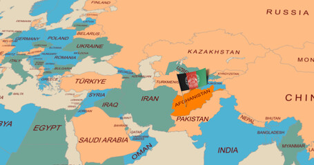 Fototapeta premium Geopolitical Map Highlighting Afghanistan with Flag Marker and Surrounding Nations