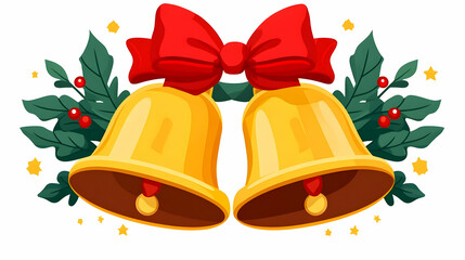 Golden Christmas Bells with Red Bow, Holly Leaves, and Stars Create a Festive Illustration