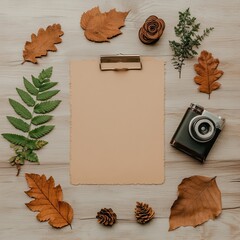 Flatlay of Autumn Leaves and Vintage Camera Setup