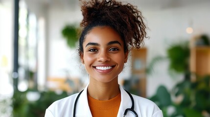 Confident african american female doctor smiling in medical office. Black History Month