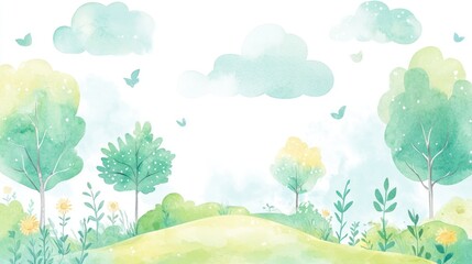 Fototapeta premium Watercolor painting of a whimsical spring landscape with trees, flowers, butterflies, and clouds.