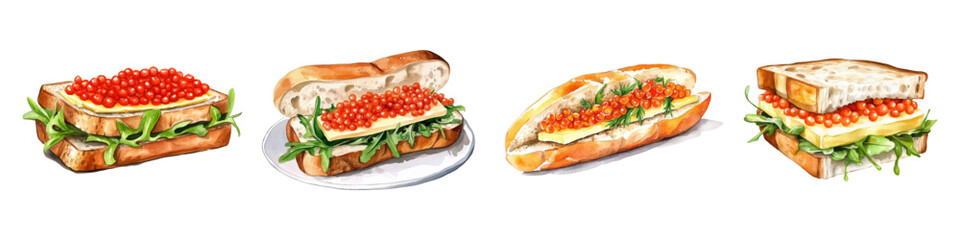 Watercolor set of toasts with red caviar png. Toasts with caviar salad and butter. Sandwiches with caviar. Vector illustration.