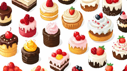 Delicious Assorted Cakes and Pastries Decorated with Fruits and Cream Seamless Pattern on White Background.