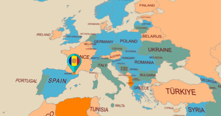 Obraz premium Geopolitical Map Highlighting Andorra with Flag Marker and Surrounding Nations