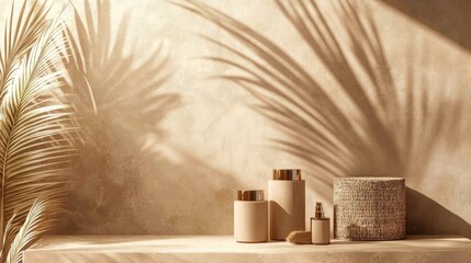 Beige cosmetic containers on shelf with palm leaf shadow.