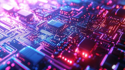 Obraz premium Abstract Circuit Board: Neon Glow, Digital Technology, Futuristic Design