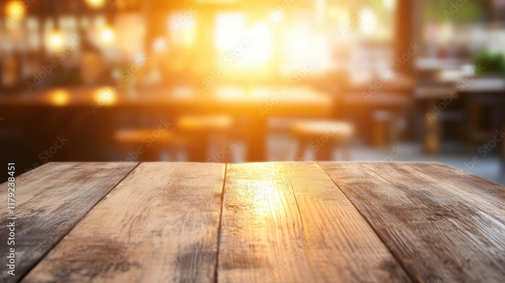 Poster an empty wooden table sits in a warm, cozy cafe, illuminated by soft sunlight, creating an inviting 