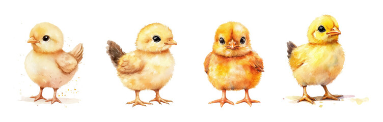 Watercolor set of cute baby chickens. Cute little chewy chicks on a white isolated background. Easter symbol. Symbol of agriculture and farm. Vector illustration.
