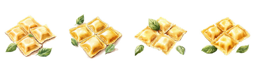 Watercolor set of Italian ravioli png. Ravioli with dough and filling with basil leaf. Italian cuisine. Concept of semi-finished products. Vector illustration.