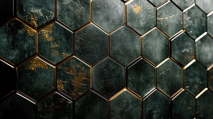 Hexagonal Dark Green and Gold Tiles: Abstract Geometric Wall Pattern