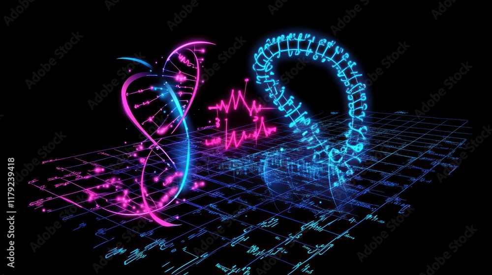 Aufkleber abstract dna double helix and waveform on grid.