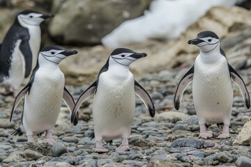 Obraz premium A colony of chinstrap penguins marching in unison across a rocky Antarctic beach.