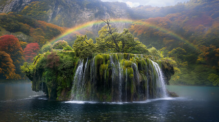 Serene Island Waterfall with Vibrant Foliage and Rainbow in Autumn Landscape