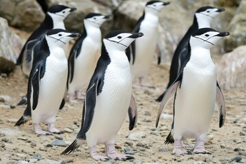 Obraz premium A colony of chinstrap penguins marching in unison across a rocky Antarctic beach.