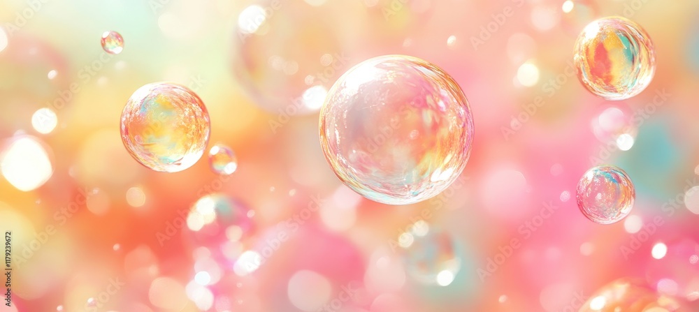Poster abstract pastel rainbow colored bubbles floating gently on a blurred background of light and bokeh