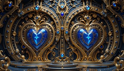 Obraz premium Ornate Golden Frame Enclosing Blue Gem Hearts