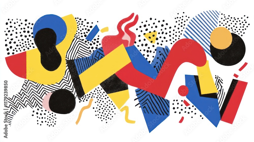 Poster abstract geometric shapes, vibrant colors, and patterns create a dynamic composition.
