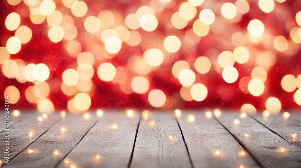 Poster bright red bokeh lights sparkle against a rustic wooden table, creating a cozy and inviting ambiance
