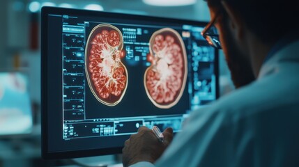 Doctor reviewing kidney scan on computer.