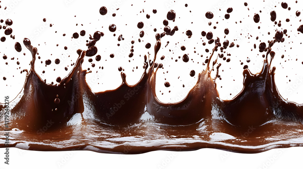 Poster liquid chocolate splashing and dripping dynamically on a white background