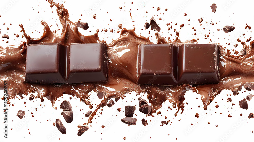 Poster chocolate bars splashing with melted chocolate dynamically on white background