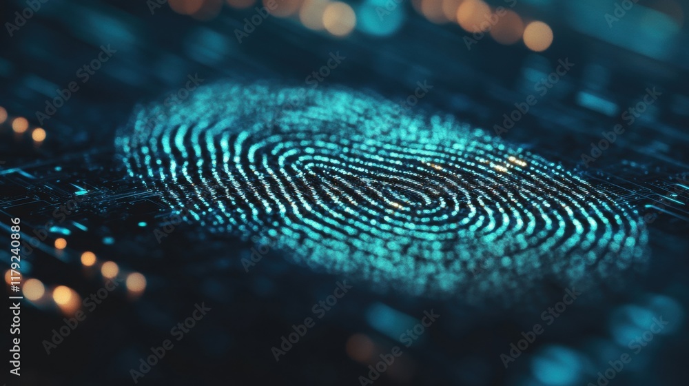 Poster a close-up view of a digital fingerprint displayed on a blue circuit board, showcasing advanced biom