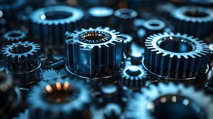 Intricate Gears Interlock, Forming a Complex Mechanism with Precision and Power, in Deep Blue Hues.