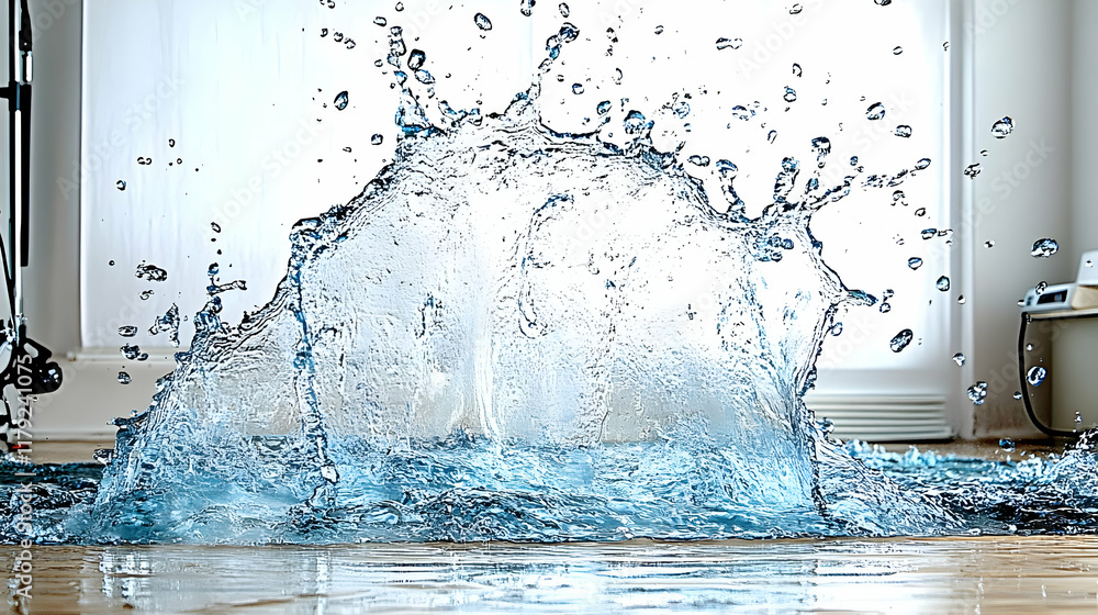 Poster water splashes dramatically across a room, creating a dynamic scene of motion and fluidity.