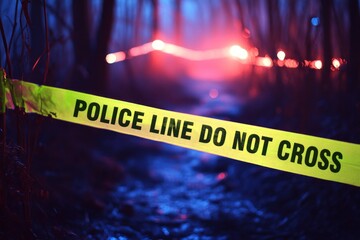 Police tape marks off an area in a forest, illuminated by hazy lights in the distance, signaling a serious situation unfolding nearby
