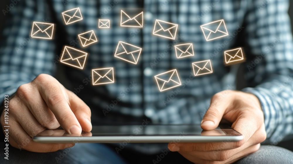 Poster man using tablet, receiving multiple email notifications.