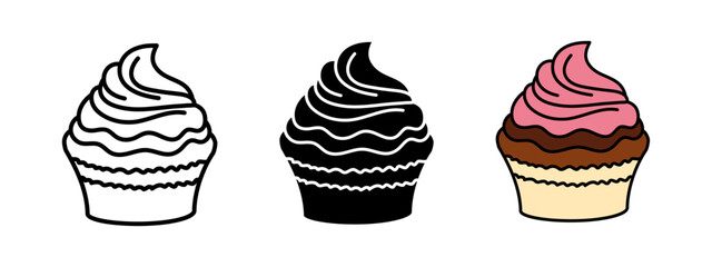 Cupcake icon. Muffin vector illustration. Creamy cake sweet dessert symbol. Birthday party celebration cupcake sign. Delicious chocolate pie silhouette. Cute pink cup cake pictogram. Candy bar concept
