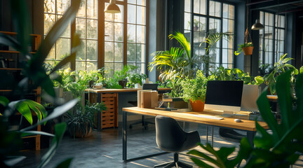 Modern Office Space with Abundant Greenery and Natural Light for a Productive Work Environment