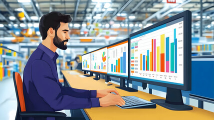 Man Analyzes Data on Multiple Computer Screens in a Modern Industrial Setting with Charts and Graphs