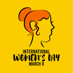 International Women's Day. March 8. 
Girl head line icon. Yellow background. Poster, banner, card, background.