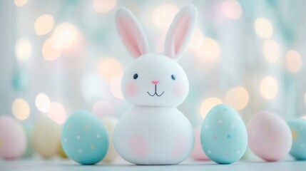 Obraz premium A cheerful bunny sits surrounded by pastel colored eggs, capturing the spirit of a joyful Easter celebration in a bright setting