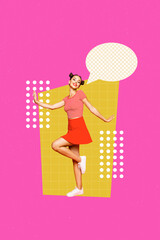 Poster image vertical photo collage of happy hipster girl dance bubble speech communication icon chat talk conversation phrase