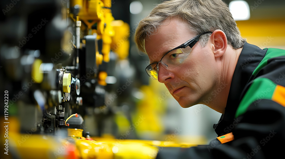 Aufkleber engineer inspects complex machinery with focused precision in a modern factory setting.
