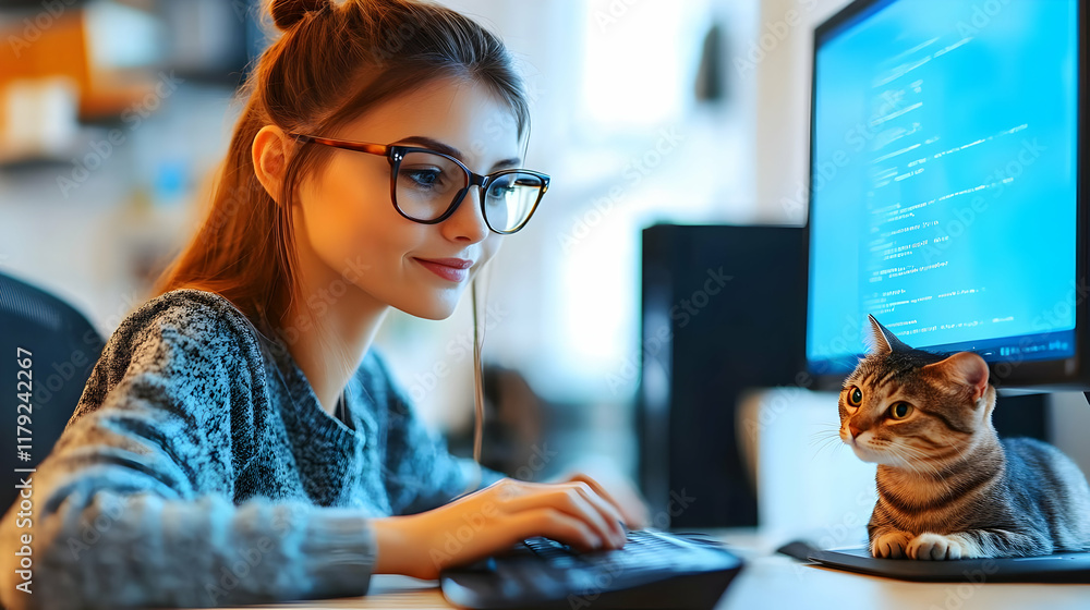 Poster woman programming with cat companion: a cozy night of coding and cuddles at home