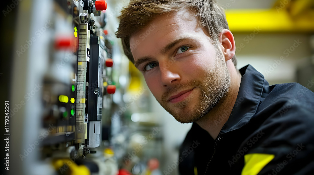 Poster technician monitors control panel in industrial setting with focus and precision